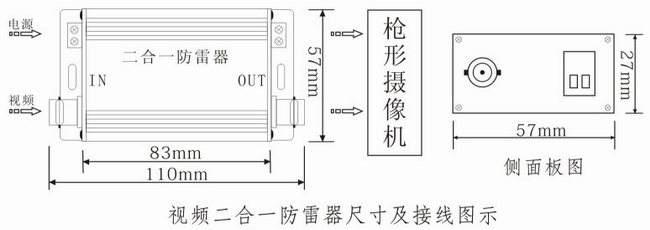 > 监控设备防雷器 二合一视频防雷器    二合一防雷器尺寸及接线